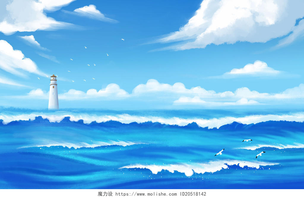 卡通海浪背景手绘大海插画蓝色天空海面灯塔蓝天白云
